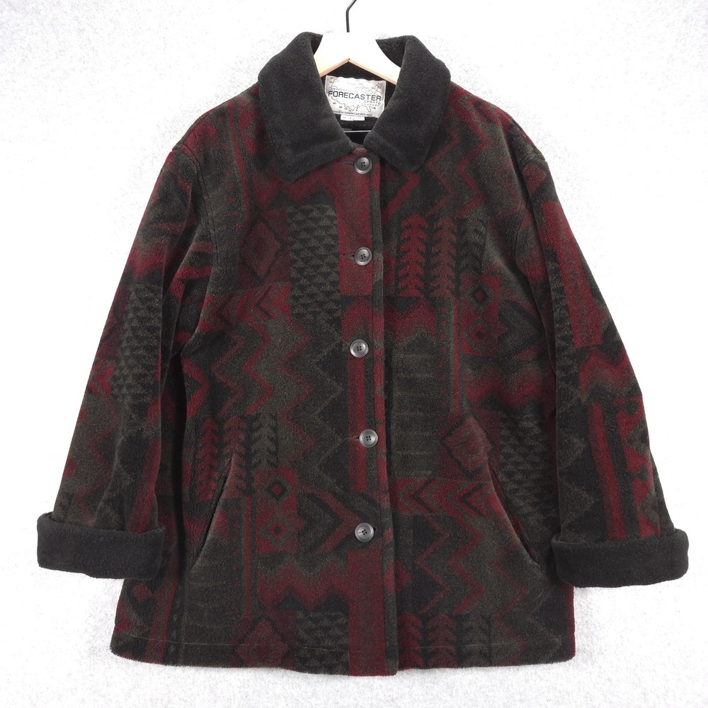 Forecaster Sport Womens Petite Medium PM Red Black Geometric Fleece Jacket Coat